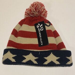 HQ High Quality Red and Cream Striped and Stars Pom Winter Snow Hat O/S NWT